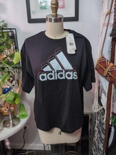 NWT adidas Q3 Crop Tee Womens Small Black Blue logo 100 Cotton