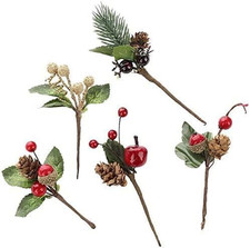 20Pcs Christmas Pine Picks with Red Berries and Pine Cones Artificial Berry Pick