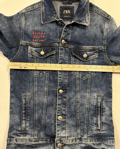 Zara Graffiti Grunge Denim Jacket Men’s Small “Broken Heart Heroes” Nice! - Picture 9 of 14