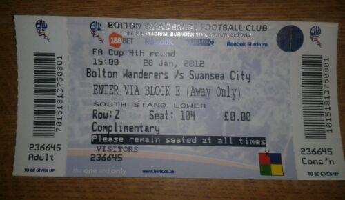 BOLTON WANDERERS V SWANSEA CITY UNUSED TICKET 28/01/12 FA CUP ROUND 4 MINT  - Picture 1 of 1