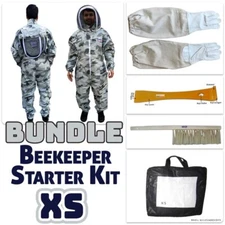 Adult XS Snow Camouflage Bee Keeper Suit Bundle - Gloves, Hive Tool & Brush