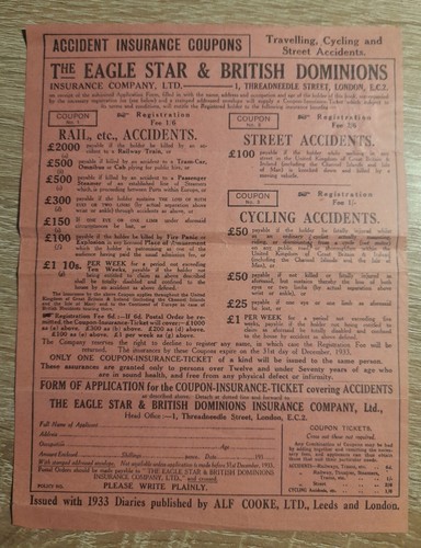 coupons from 1933 accidents insurance very old item