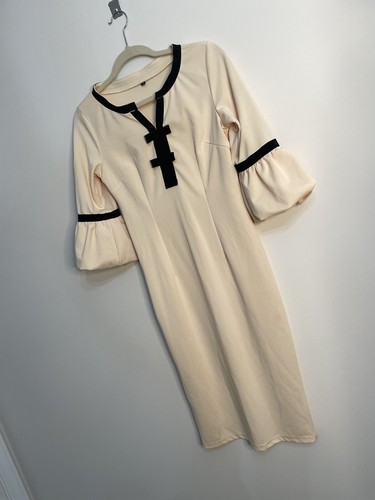Womens Knit Sheath Dress Black Bow Trim Poof Sleeve Size S Nude Beige Yellow - Picture 2 of 12