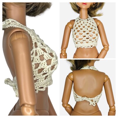 Crocheted BJD Doll 24  top hook string ties beige crochet thread handmade