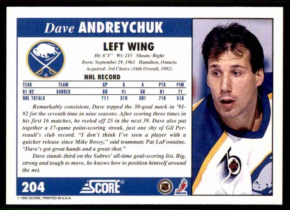 1992-93 Score Dave Andreychuk #204 - Image 2 of 2