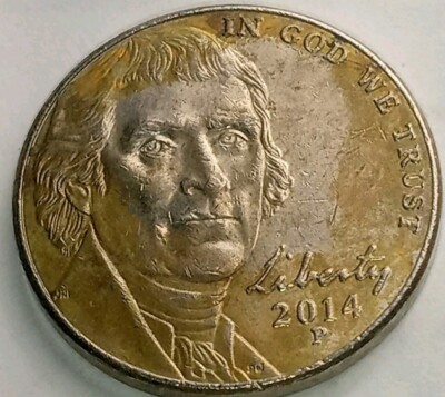 2014 P Yellow Toning Mint Defect Obv&Rev Jefferson Nickel Coin