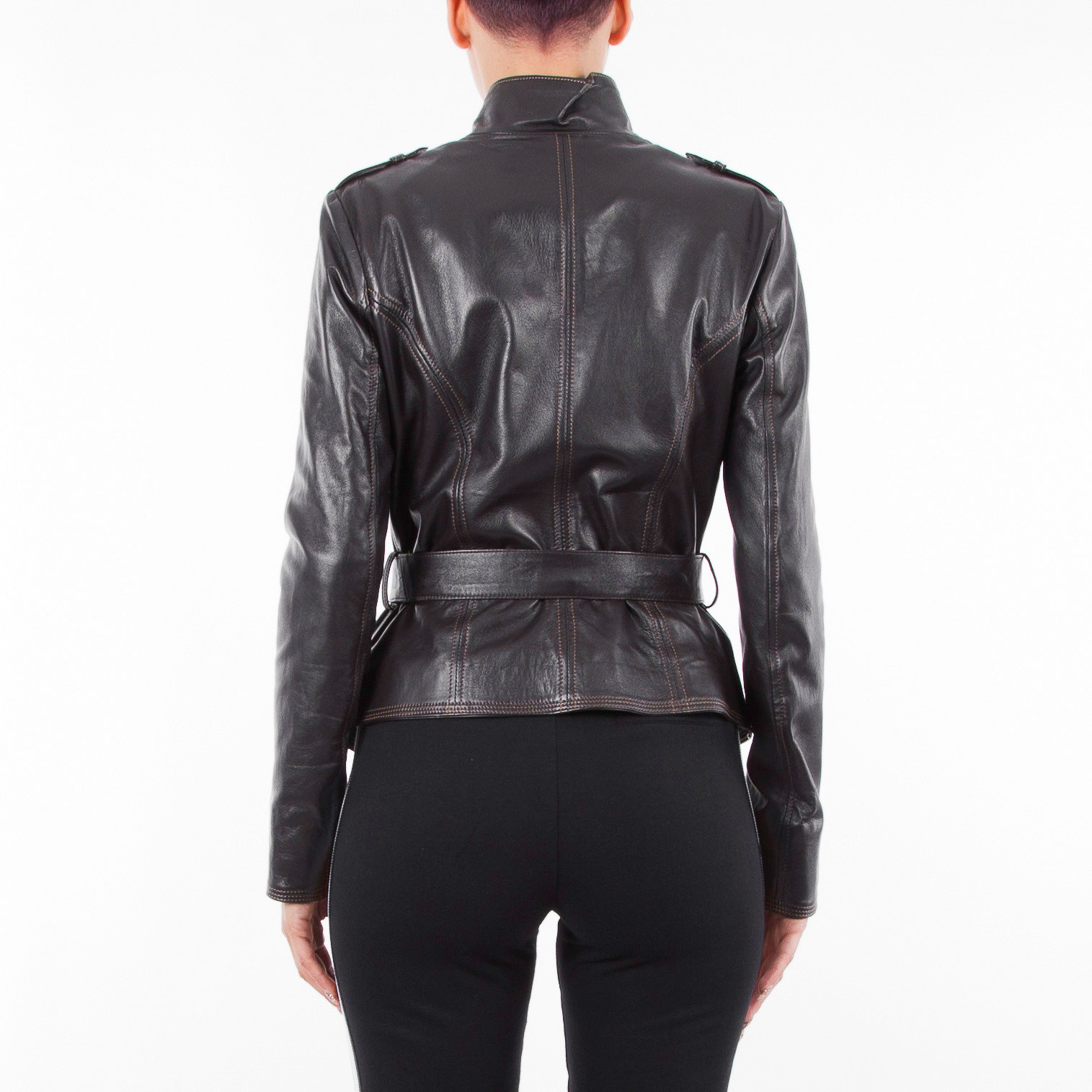 ITALIAN HANDMADE WOMEN GENUINE LAMBSKIN LEATHER BELTED JACKET DARK BROWN image 5