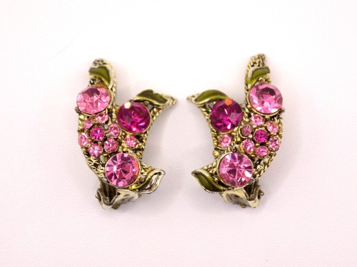 VINTAGE PINK RHINESTONE ENAMEL LEAF BROOCH & CLIP ON EARRINGS JEWELRY SET - Picture 8 of 10