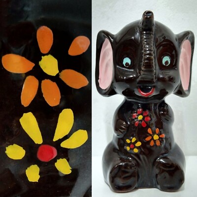 Süße Kitsch Elefant Spardose 70er Japan Flower Power Ära handbemalt Vintage 