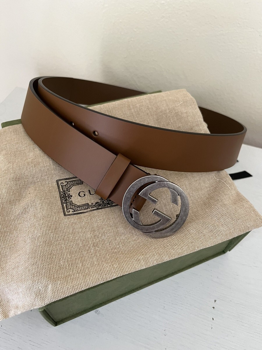 NEW GUCCI 546389 INTERLOCKING LEATHER BELT BROWN - SIZE 90/36 $550