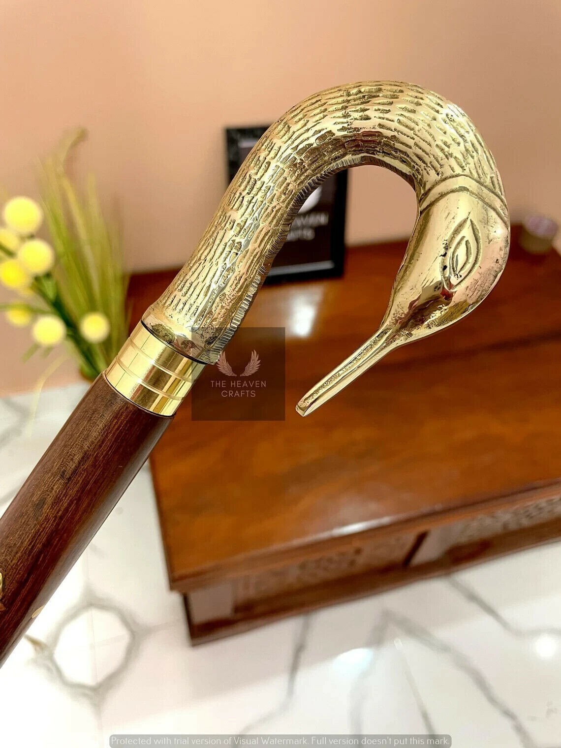 Antique Solid Brass Head Handle Designer Wooden W… - image 2