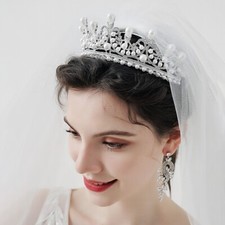 6cm Tall White Leaf Pearl Crystal Tiara Crown Wedding Queen Princess For Women