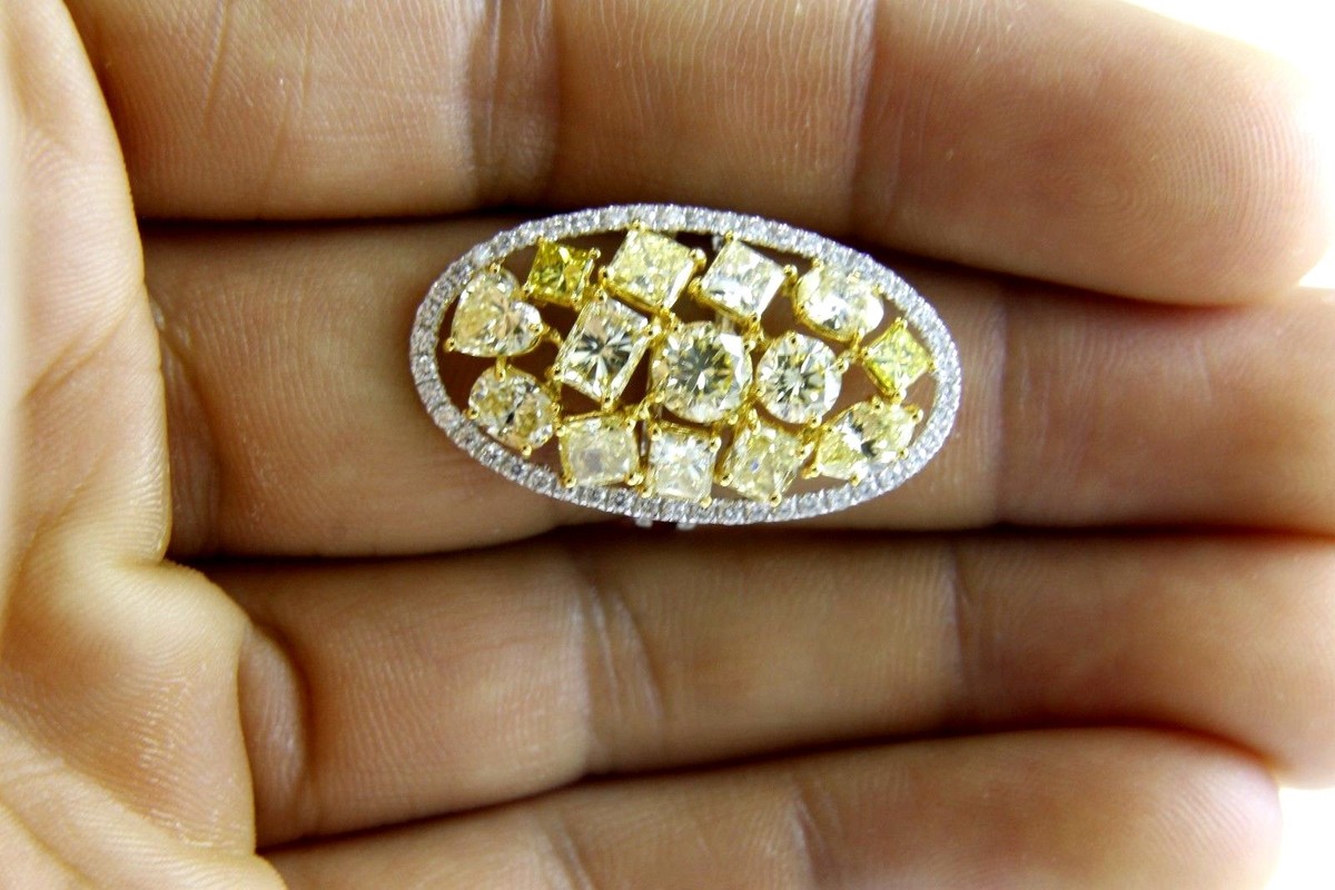 Natural Canary Yellow Mix Cut Diamond Oval Cluster Ring 14k White