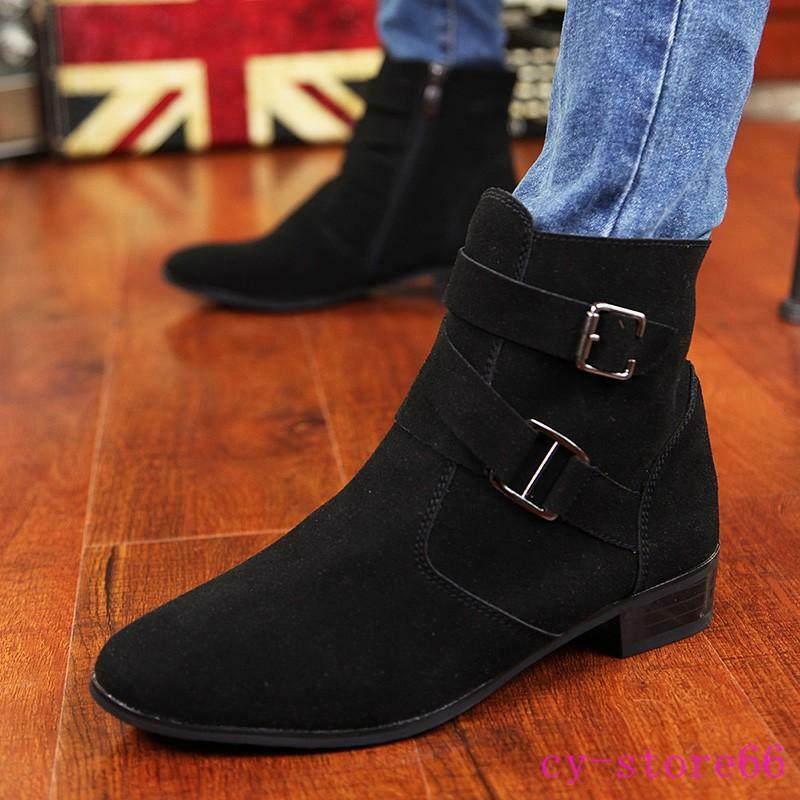 Mens British Style High Top Ankle Boots Cuban Heel Winter Buckle Strap
