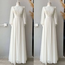 Simple Muslim Wedding Dresses Long Sleeves Applique V Neck Chiffon Bridal Gowns