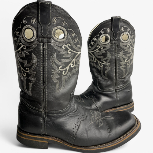 Potrero Leather Square Toe Black Embroidered Western Biker Cowboy Boots Men's 10