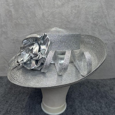 Mr Hi's Hat Sun Womens Silver Wide Brim Ruffle Kentucky Derby Wedding Church NWT
