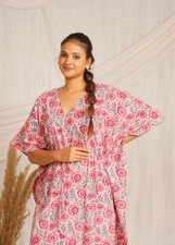 Women's Block Print Cotton Kaftan – Vacation Maxi Cover Up Cotton Lounge Dress