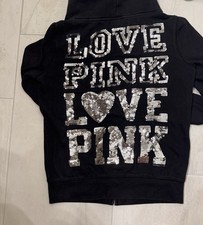 Victoria s Secret PINK Full Zip Hoodie Black Sequin Logo Dog Graphic Women s S