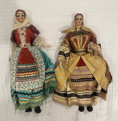 2 Vintage Greek Dolls, Traditional Collectible Souvenir Greece 14 . Painted Face