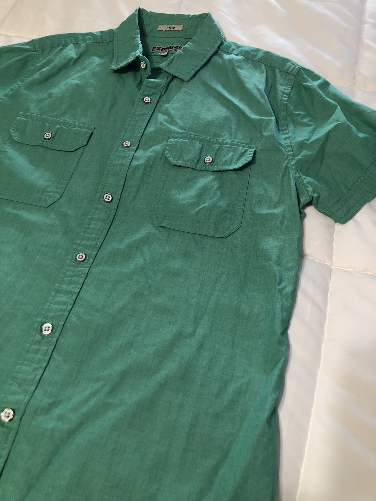 Express Green Fitted Button Down Short Sleeve Shi… - image 3