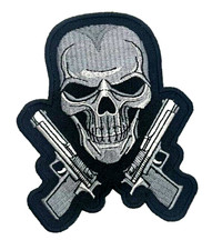 Grey Skull With 2 Pistols Iron On Embroidered 3.5"x 4.25"