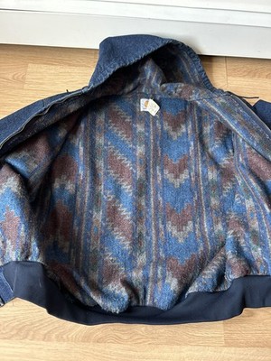 Vintage 90s Carhartt JB848 Blue Denim Aztec Blanket Lined Hooded