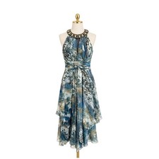 Rickie Freeman Teri Jon Silk Dress Size 2 Blue Animal Print Beaded Halter Gown
