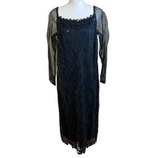 Vintage CAROLE LITTLE Black Sequin Lace Midi Dress Sheer 14 Whimsigoth Regency