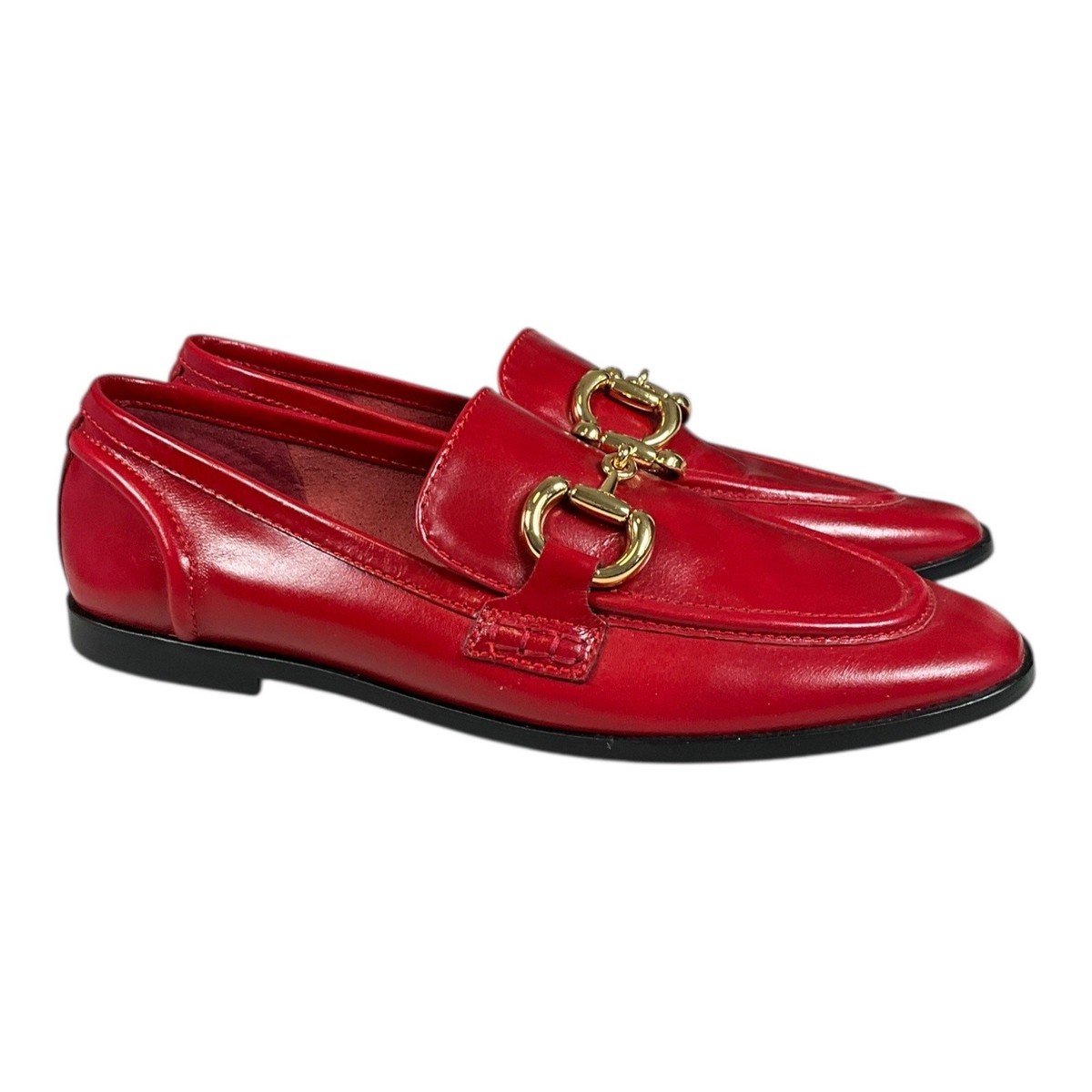 Jeffrey Campbell Red Loafers with Gold Bit Hardware – Women's Size