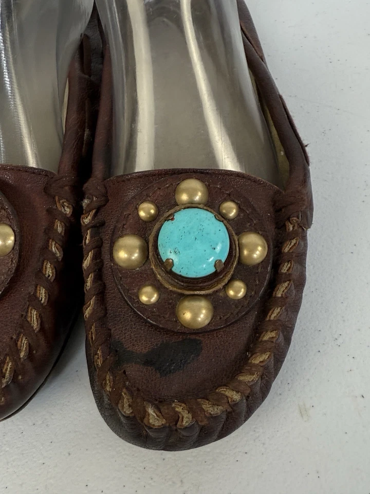 Miu Miu Prada Moccasin Flats Brown Gold Studded Turquoise Loafers Size US 8.5 - Image 3 of 4