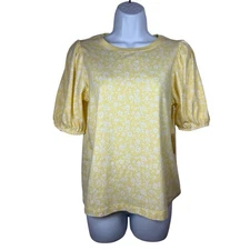 NWT LC Lauren Conrad Women Yellow & White Puff Short Sleeve Blouse Top Small