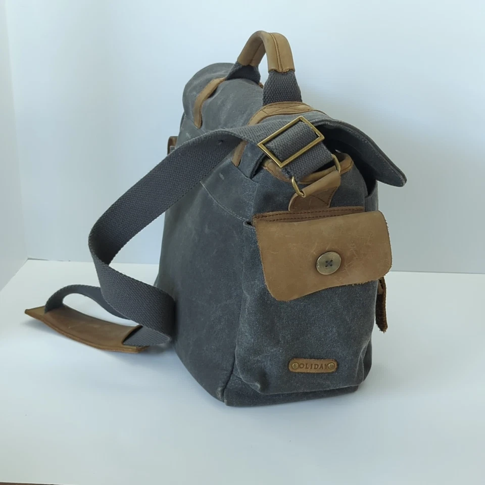 Oliday Street Messenger Crossbody Camera Laptop Bag Grey Canvas Brown Leather  - Image 4 of 4