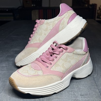 Coach C152 Sig Tech Runner Sneakers Logo Light Khaki Pink G5057 Womens 8.5B