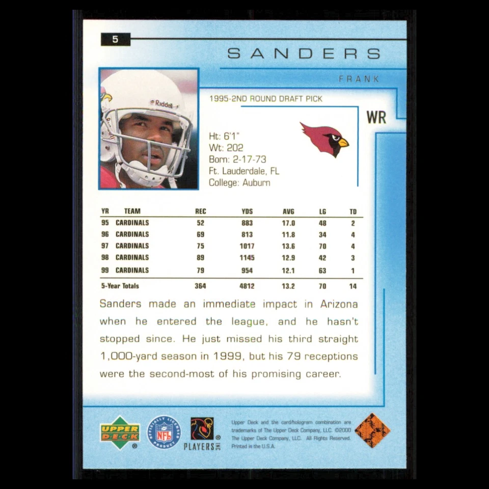 Frank Sanders #5 2000 Upper Deck Arizona Cardinals Football Card NFL NM - Image 2 of 3