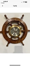 SHIPS TIME QUARTZ WOOD & BRASS SHIPS WHEEL CLOCK BEVELED GLASS 15 1/2" DIAMETER