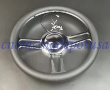 GM 14" Billet Chrome Steering Wheel 9 Holes w/ Horn Button Black Leather Vintage