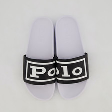Image of POLO RALPH LAUREN White & Black Leather Branded Sliders - UK 7