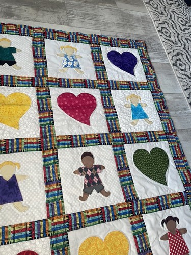 Vintage Crayola Crayon Handmade Quilt Blanket 60”x41” Lovely! Heart Boys Girls - Picture 3 of 12