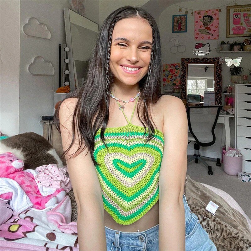 Heart Knitted Bandage Crop Top Hippie Backless Summer Love