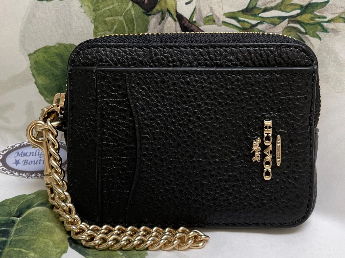 NWT COACH 6303 Zip ID Card Case With Gold Chain Strap BLACK