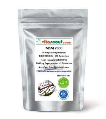 VITASCOUT_COM MSM 1000mg - 540 Tabletten VEGAN, 99,9% Reinheit - MADE IN GERMANY - No Kapseln