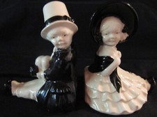 Handpainted Vintage Black and White Bookends Boy Girl Man Woman Made in Japan