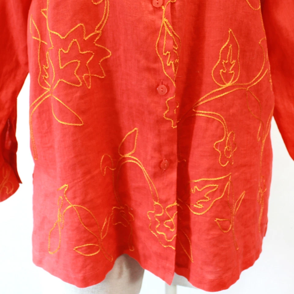 Blusa Josephine Chaus Plus 100% linho laranja bordada com colarinho 18 1X - Imagem 3 de 4