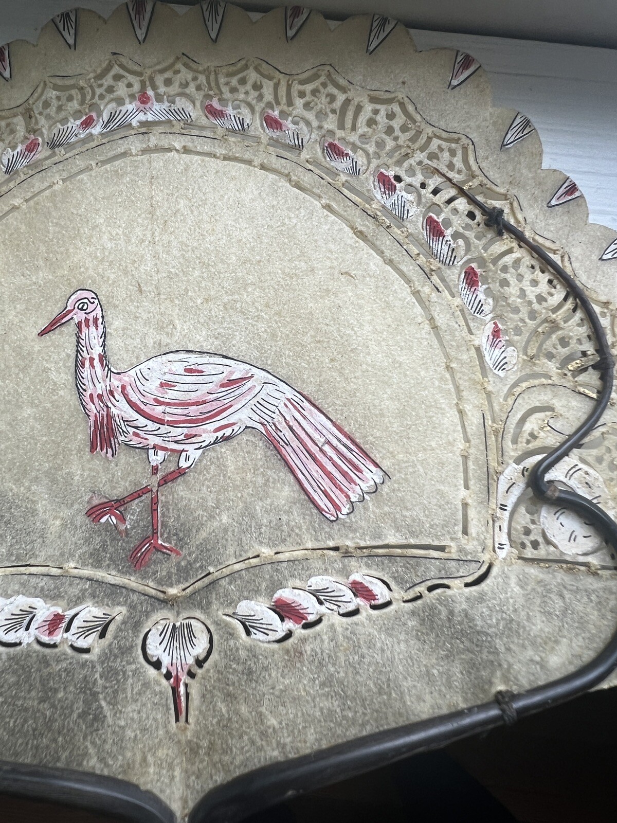 Antique Hand Held Fan Gilt Pierced Animal Hide wi… - image 6