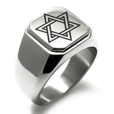 Stainless Steel Interlocking Star of David Mens Square Biker Style Signet Ring