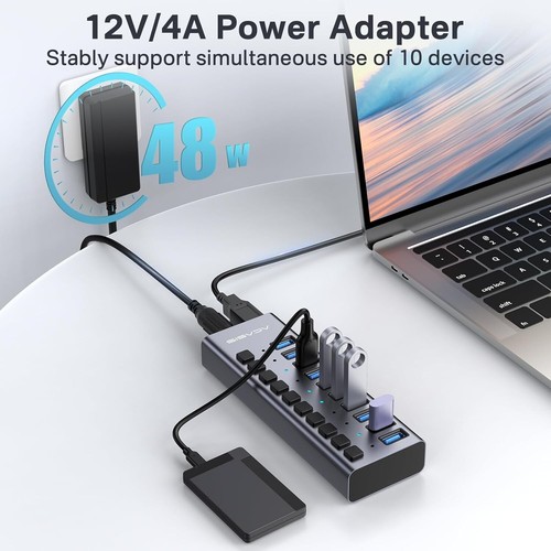 Compact 10-Port Powered USB Hub with Individual Switches for Modern Devices - Picture 5 of 9