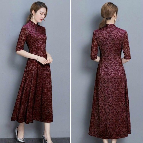 Lady Lace Floral Collar Ethnic Mandarin Chinese Half Sleeve Long Dress Qipao Hot - Picture 11 of 18
