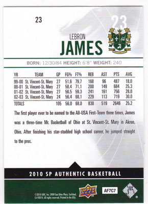 lebron james yugioh card Upper Deck SP Authentic IRISH HIGH SCHOOL BASKETBALL $$ MINT! Had a great Day 1