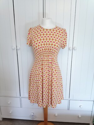 New Boden Jersey Dress UK 8P Yellow Floral Pattern Smock Tea Dress Knee Length